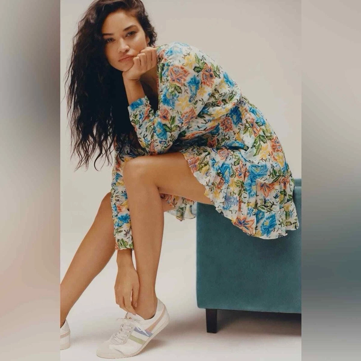 PALM ANGELS Misa Los Angeles Mini Abito Donna Chiara XS Oasis Floreale Scollo V Colorato Ruffle