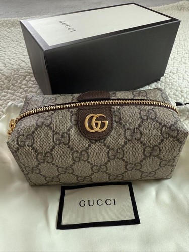 Gucci GG Pattern Canvas Pouch Gray Used Gift Box Slim Bag - Picture 3 of 9