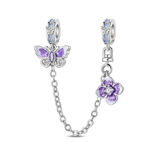 KUNSIR 925 Sterling Silver Flower Butterfly Safety Chain Charm For Bracelet DIY