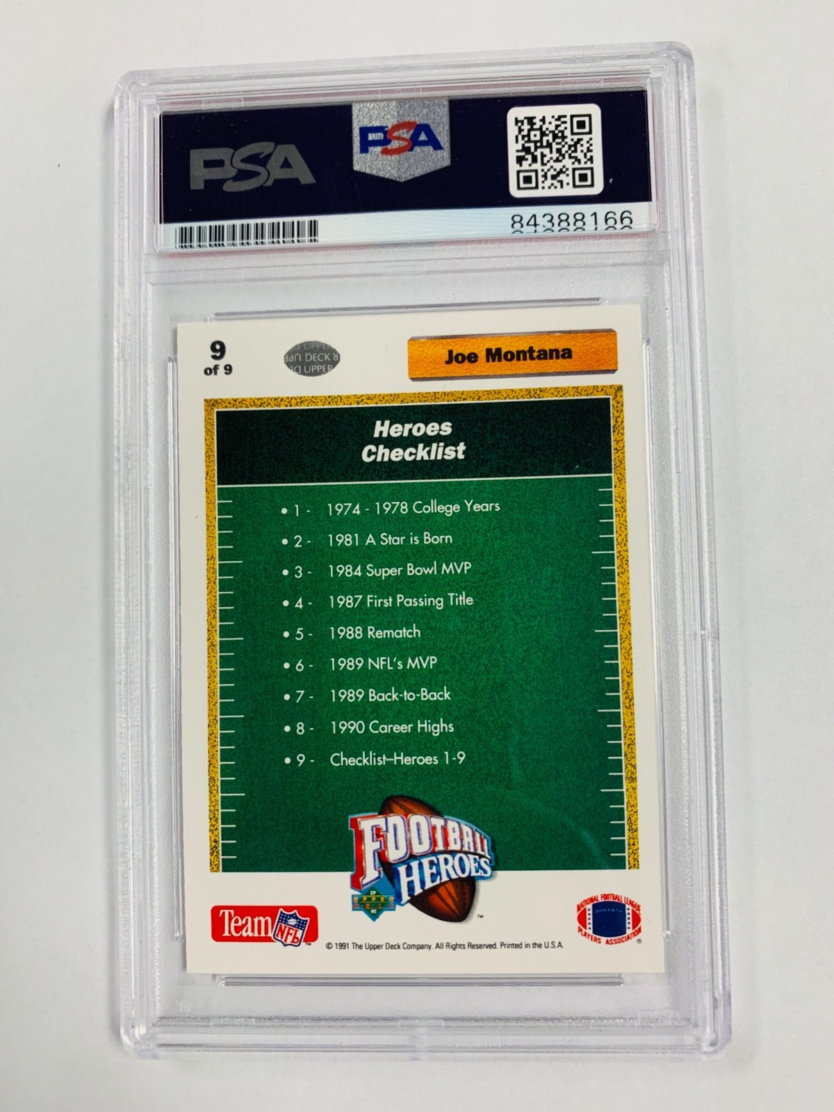 1991 UPPER DECK JOE MONTANA HEROES RARE ON CARD AUTO CERTIFIED PSA GEM MINT 10 view 2