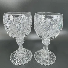 American Brilliant Period Cut Glass Goblet W Hobstar Scallop Cut Foot Heavy Set2
