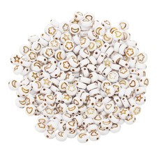 500Pcs 7x4mm White Acrylic Star Moon Heart Flower Round Bead with Gold Pattern