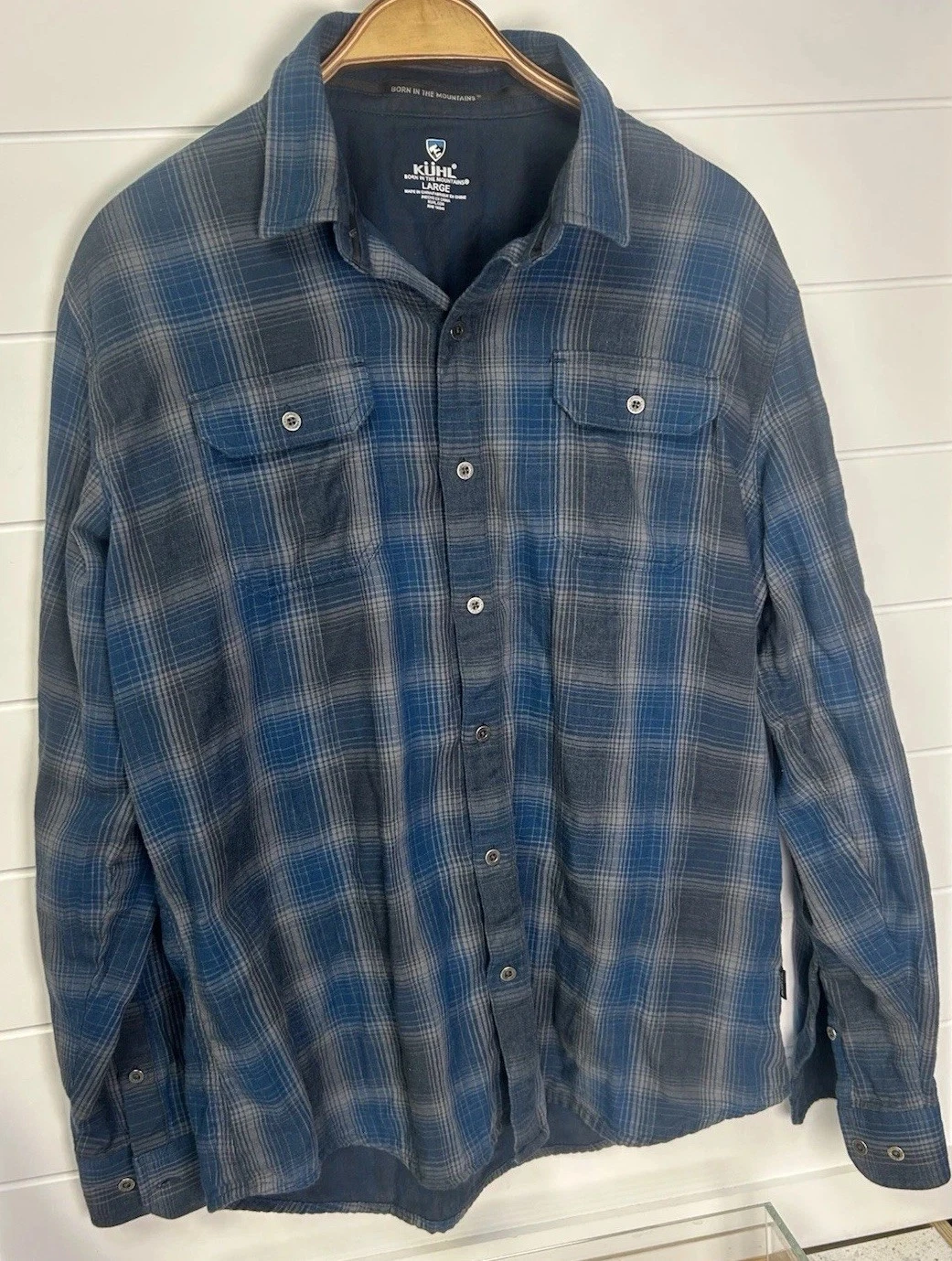 Kuhl Shattered Flannel Shirt Mens L Blue Plaid Hiking Camping Outdoors Mountain