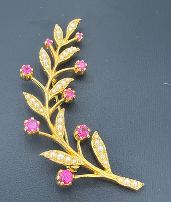 Vintage MMA CLEO Flower Leaf Brooch Pink Spinel Seed Pearls Gold Tone