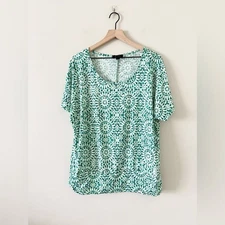 AB Studio Short Sleeve RoundedNeck Blouse in GreenMulti Kaleidoscope Pattern  XL