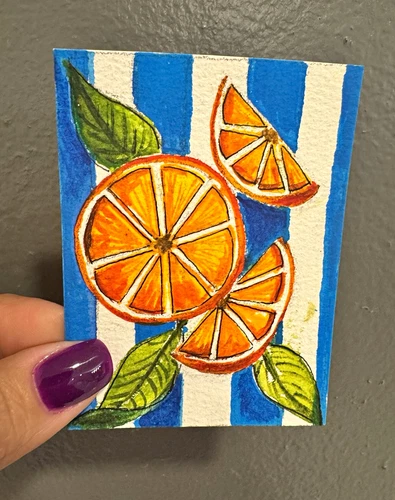 Miniature ACEO Illustration Drawing Oranges & Leaves on Paper, Unframed 2.5x3.5