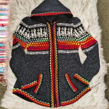Woolies Vintage(?) Peruvian Full Zip Hooded Sweater Beautiful Girls No Tags