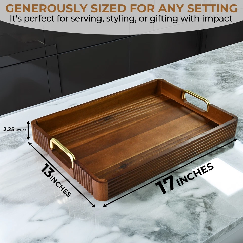 Acacia Wood Serving Tray with Metal Handles – 17x12in Rustic Decorative Ottoman  - Image 2 of 4