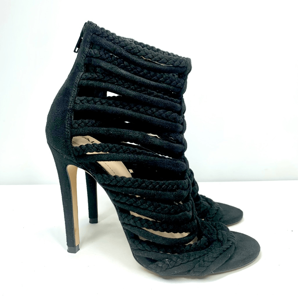 ALDO Black Braided Knit Suede Cage High Heels Open Toe Zip Women