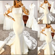 Satin Mermaid Wedding Dresses Lace Applique Long Sleeves Scoop Neck Bridal Gowns