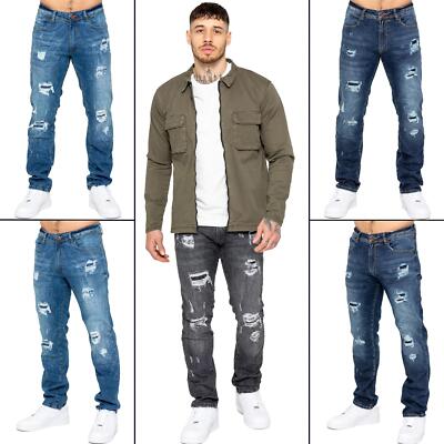 Enzo Herrenjeans gerades Bein gerissen Distressed Freizeit Denim Baumwolle Stretchhose