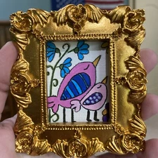 3/3,5 Abstract Bird, Painting On Paper,framed,cute,funny,miniature,folk Art