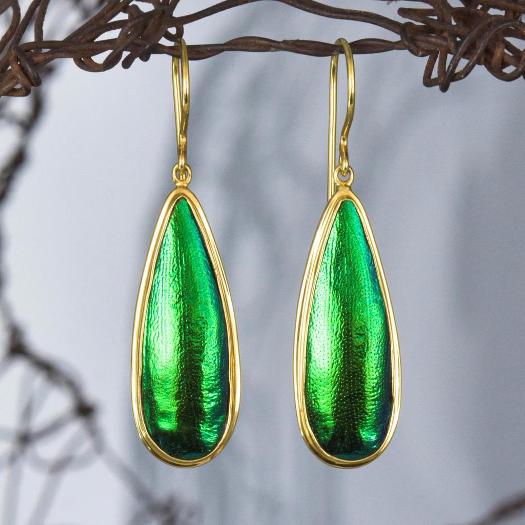 Green Jewel Beetle Wing Gold Vermeil Sterling Silver Handmade Earrings 4.91g-image