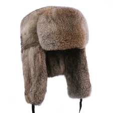Mens Winter 100% Real Rabbit Trapper Hat Russian Ushanka Aviator Hat Earflap