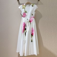 Crew Neck Floral Printed Cotton Mid Long Dress Occident Women's Short Sleeve