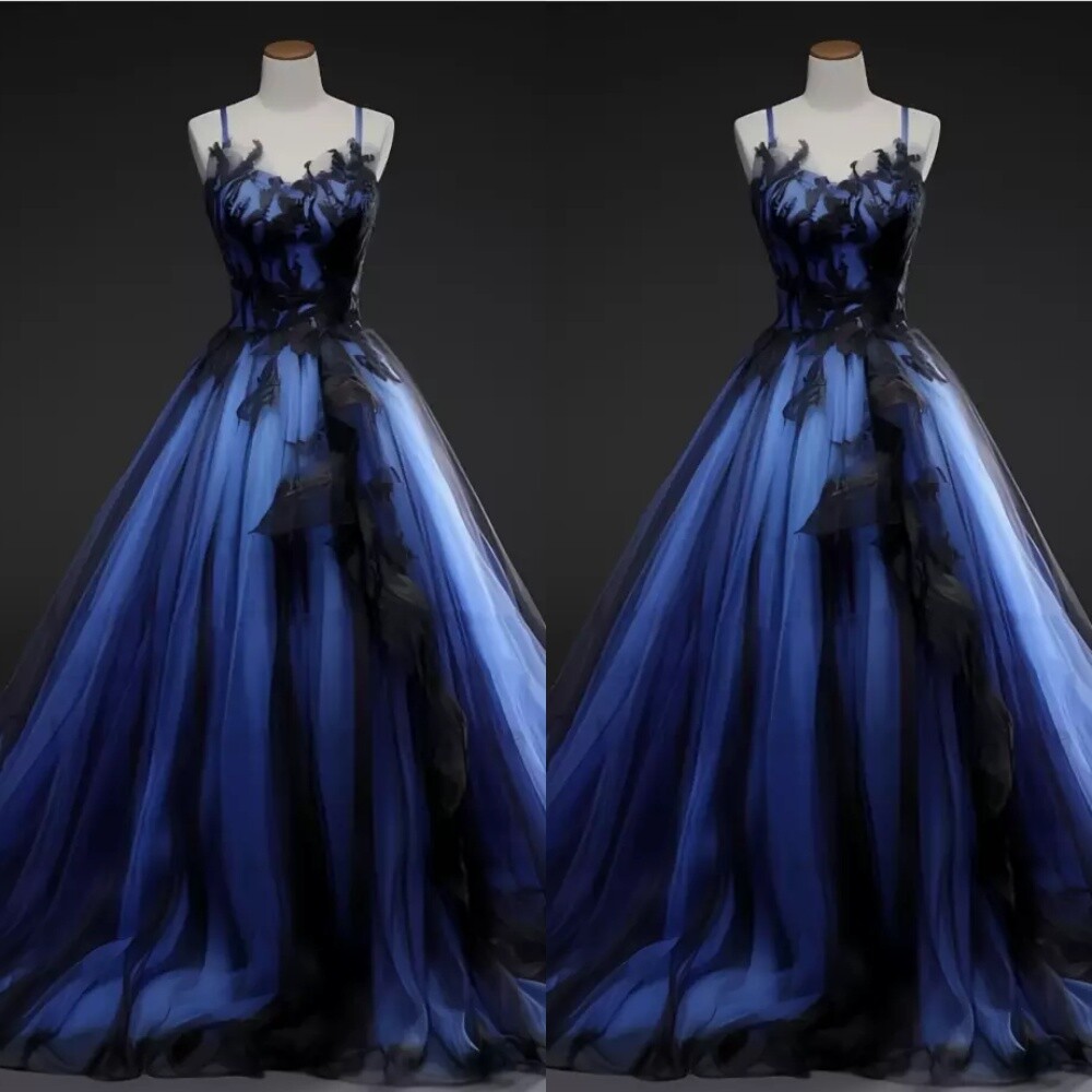 Gothic Blue Black Wedding Dresses Lace Applique Spaghetti Straps Bridal Gowns | eBay Gothic Blue Black Wedding Dresses Lace Applique Spaghetti Straps Bridal Gowns | eBay