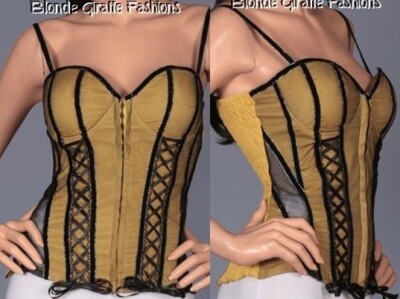 Gold Black Mesh Overlay Hook & Eye Front Bra Top Smocked Corset Bustier Cami