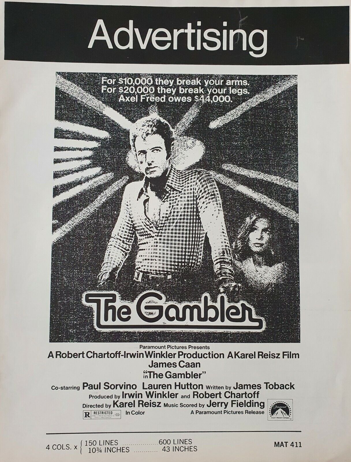 THE GAMBLER VINTAGE 1974 US REVISED JAMES Boston Mall PRESS CAAN BOOK AD - Max 70% OFF