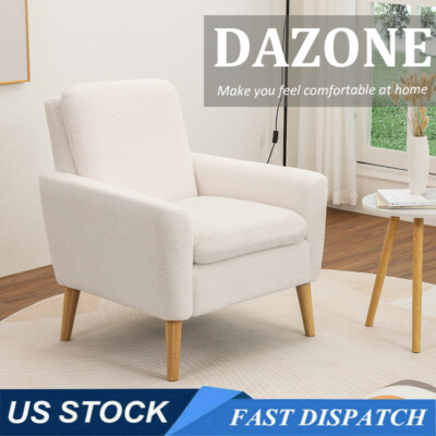 Accent Chair White Teddy Fabric Upholstered Comfy Armchair Single Sofa Wood Legs