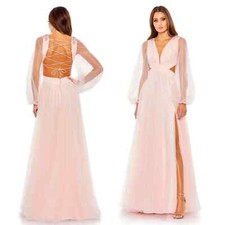 Mac Duggal NEW Tulle Sheer Long Sleeve Cut Out Lace Up A-line Gown Blush Size 6