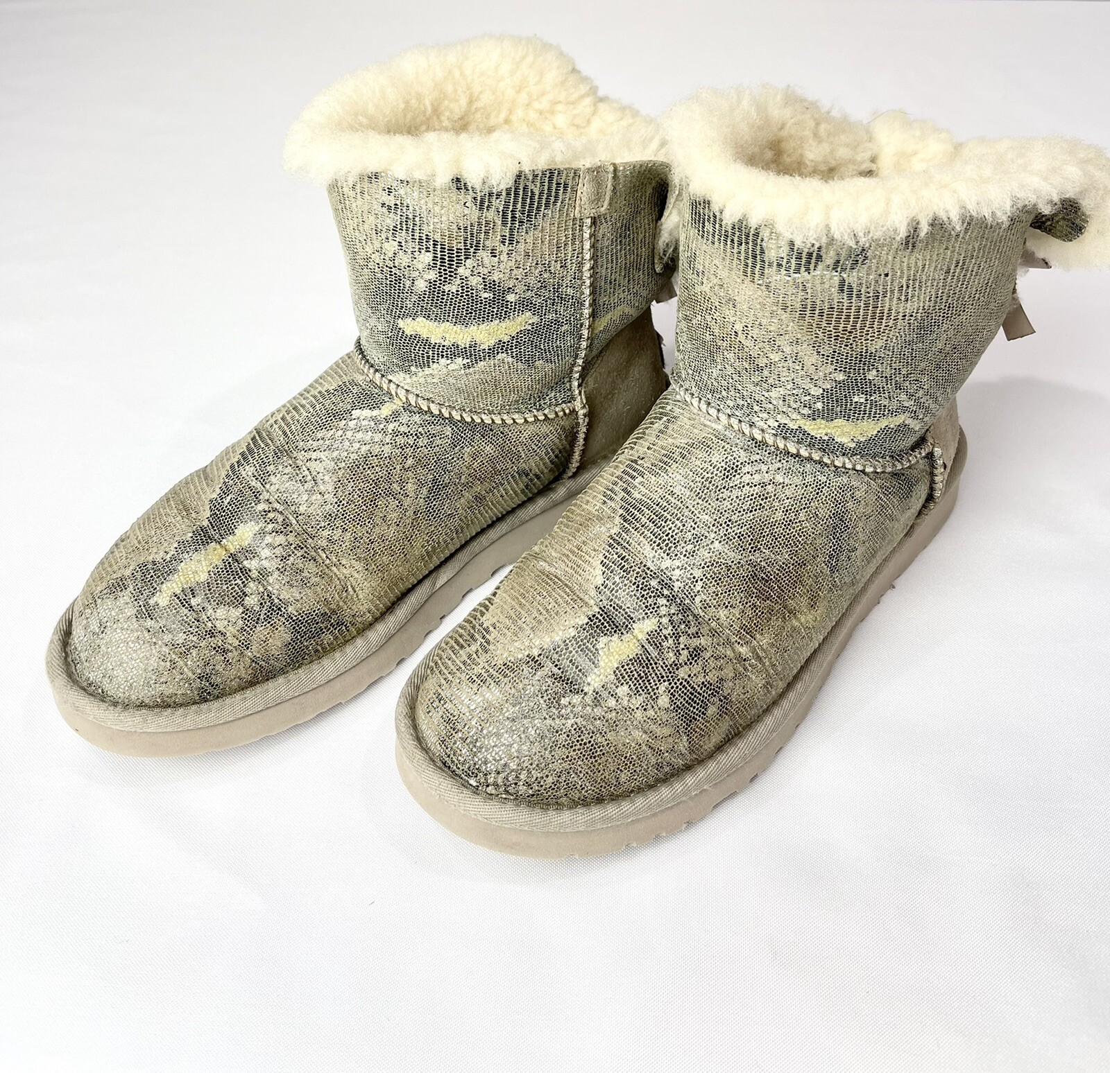 UGG Snakeskin Sheepskin Classic Short Mini Bailey Bow 1005534 Sz 7 eBay
