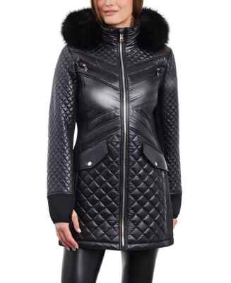 Michael Kors Womens Hooded Quilted Mixed Media Faux Fur Trim