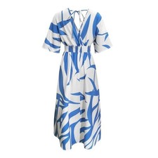 Boho Slit Surplice Maxi Dress White Blue Print Sz M