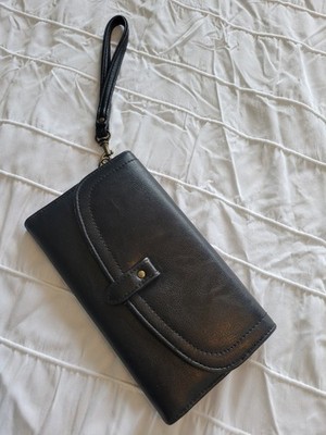 Black Wristlet Women's Wallet with Wrist Strap, Button Accent, Folding Design