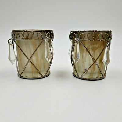 Hollywood Regency Votive Candle Holders Set Gold Wire Prisms Frosted Glass PAIR