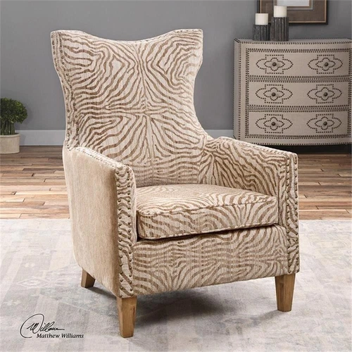 Uttermost Kiango Wood Fabric and Metal Animal Pattern Armchair in Brown/White - Picture 2 of 7