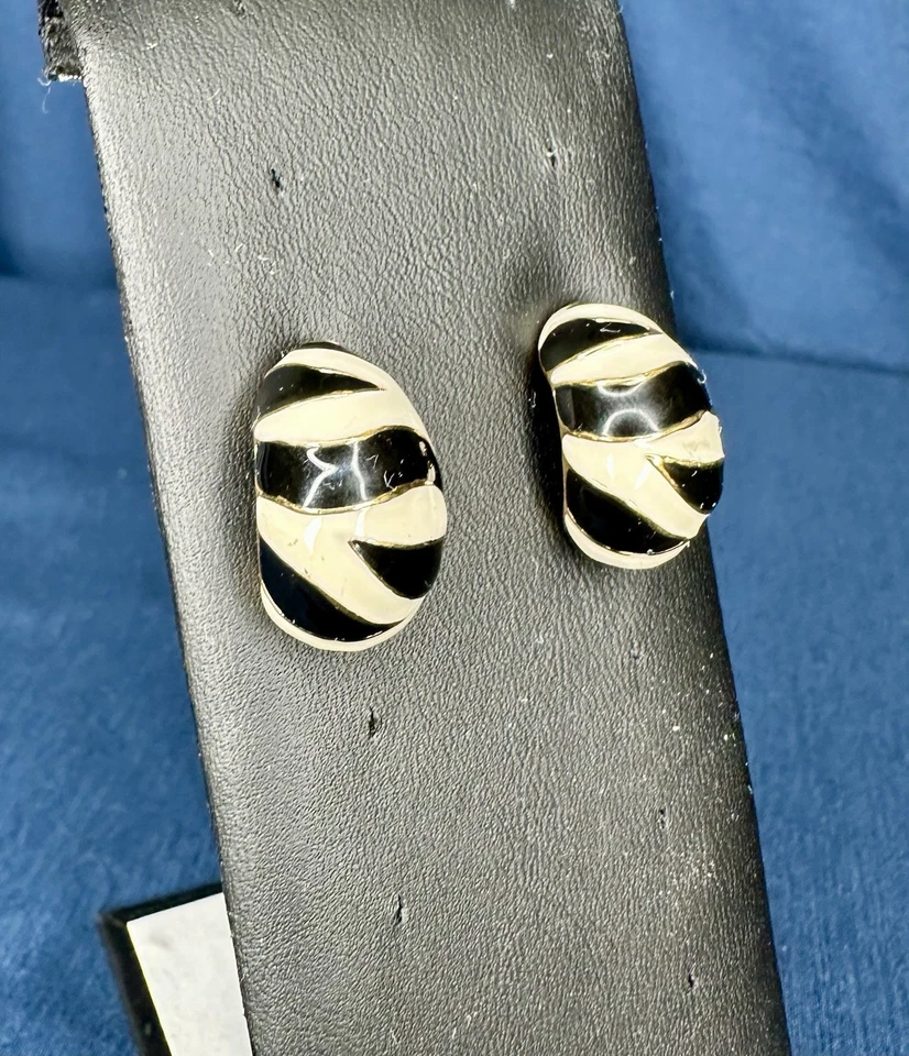 Kenneth Jay Lane Signed KJL Gold-toned Black and White Zebra Pierced Earrings - Image 3 of 4