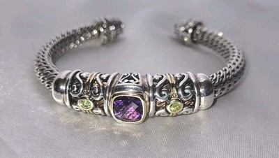 Gabrielle Bruni Sterling Silver/18k GoldCuff Bracelet W/Amethyst And Peridot EUC