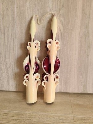 Hand Carved Ribbon Taper Candles Pair 6.5'' Burgundy Cream Swirl Decorative