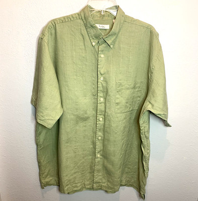 Turnbury 100% Linen Shirt Button down Mens XL Green Pocket Plaid Resort Vacation