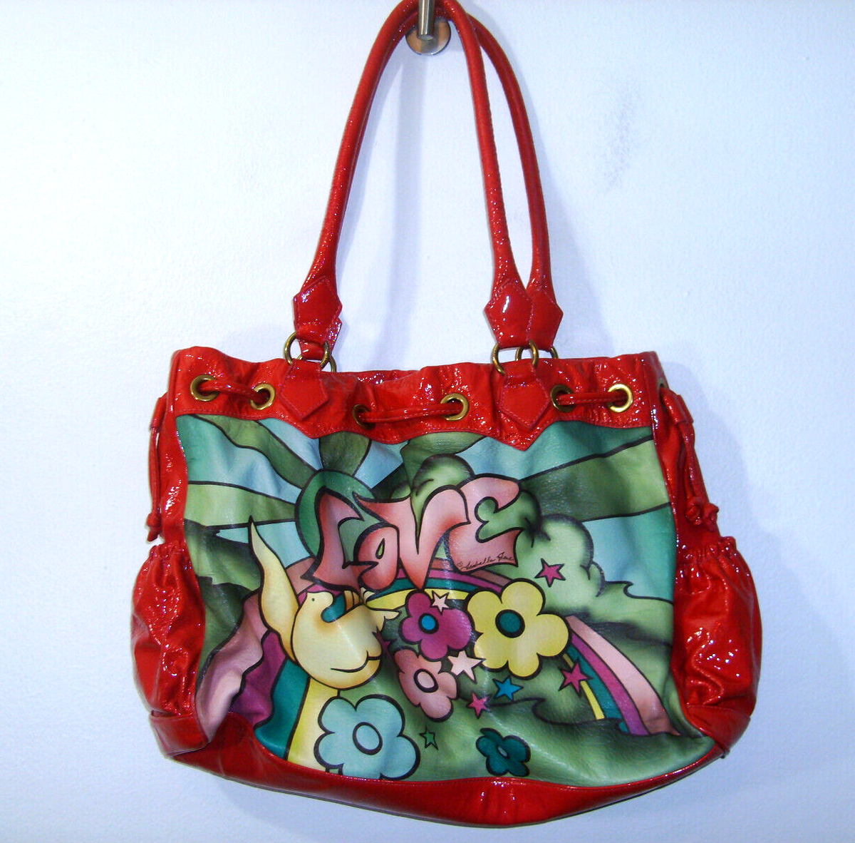 ISABELLA FIORE Red Patent LeatherTatoo Audra Love Dove Tote Handbag Travel