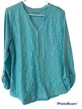 ⭐️Women’s Nine West Jeans Lace Front, Roll Tab Sleeve, Aqua Color, Size Large
