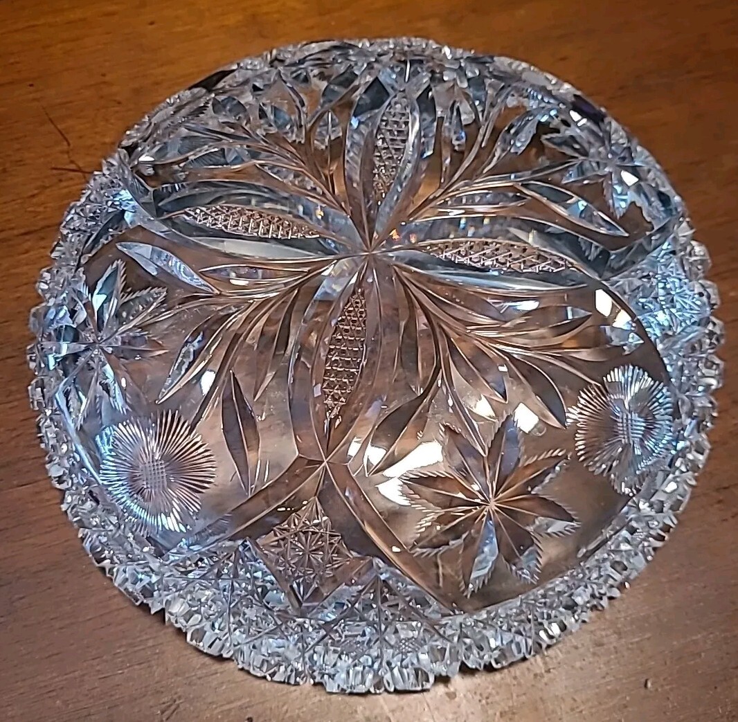 Antique American Brilliant Cut 9in Bowl 4 Leaf Floral/Flowers 3in Deep