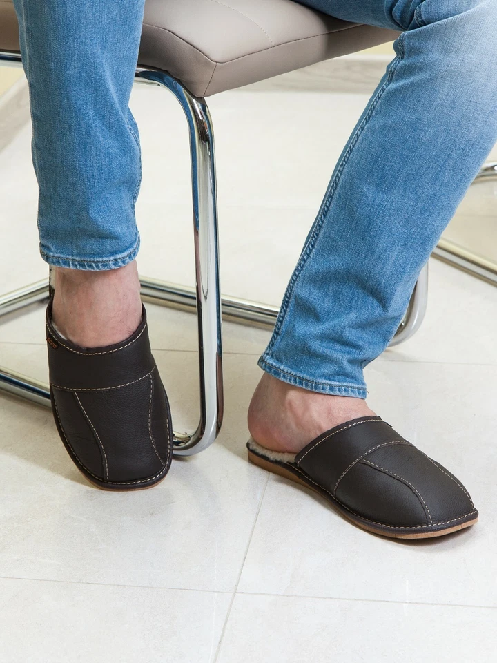 Men's Sheepskin Slippers Brown Leather Wool Shoes Size 6.5 - 11 Warm Moccasins - Image 3 of 4