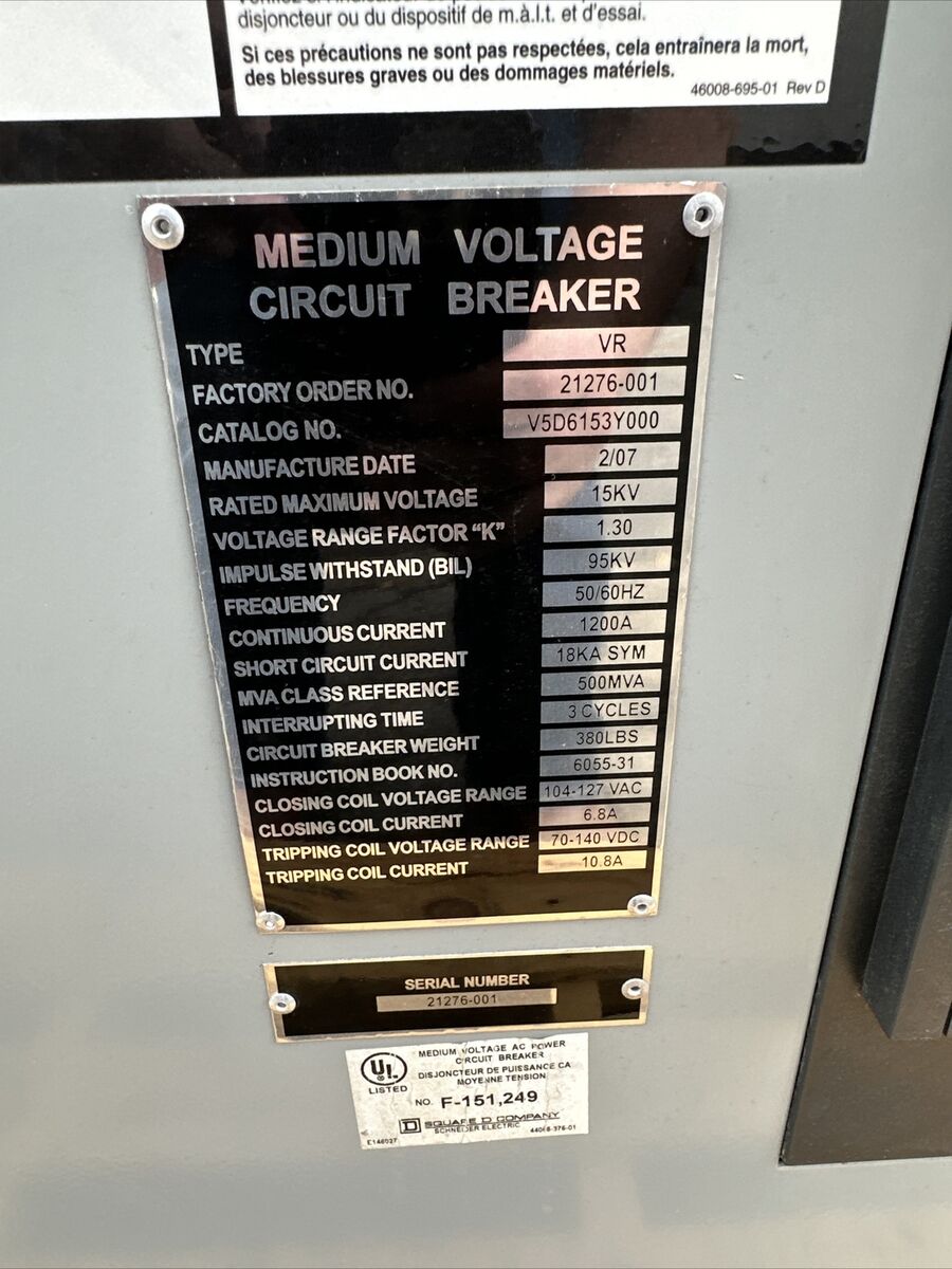 Square D Breaker 15KV 4160 V5D6153Y000 Type VR Mint Square D Breaker 15KV 4160 V5D6153Y000 Type VR Mint