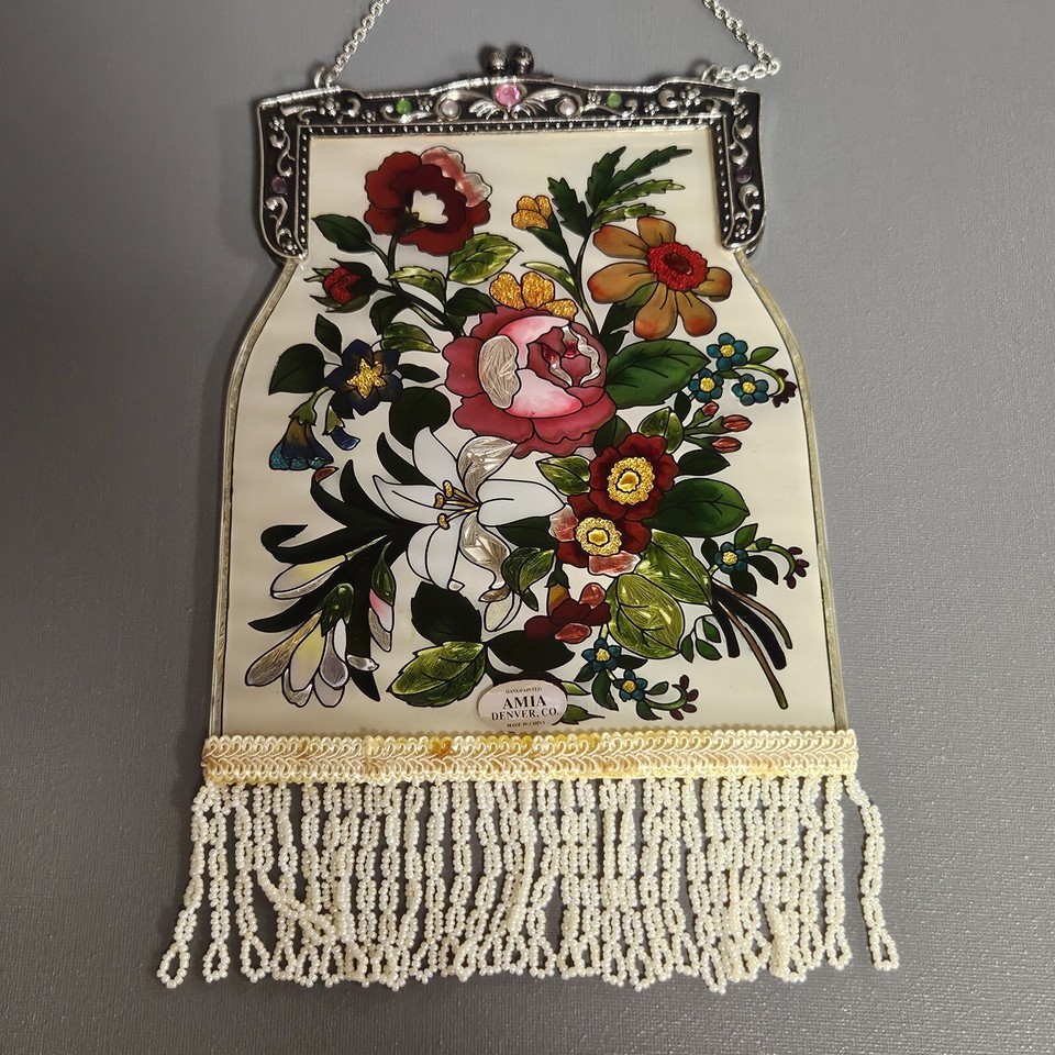 Suncatcher Glass Fringed Purse Beaded Amia Denver CO Handpainted Art