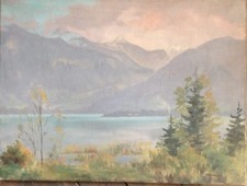 ::ALFONS TRÖNDLE *1913 DIPINTO AD OLIO ANTICO FIORDO ALPINO ? NEBBIA IN MONTAGNA ANTICA