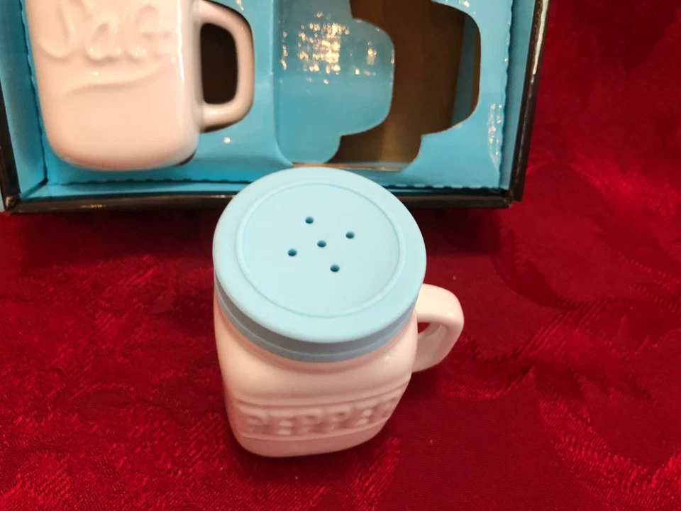 Juego de coctelera de sal y pimienta frascos de vidrio blanco azul tarro de albañil con mango de 3 pulgadas de alto nuevo en caja Foto 2 de 4