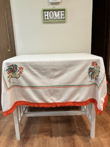 Vintage Handmade Fringed Embroidered Tablecloth 54x59 - Picture 2 of 11