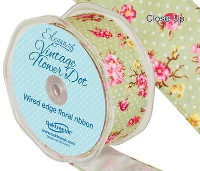 25/38mm Wired Edge Flower Polka Dot Ribbon Floral Print Vintage - Picture 4 of 4