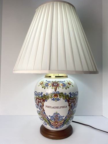 Delft Royal Goedewaagen Tobacco Jar Lamp PHILADELPHIA Polychrome Brass Shade 21"