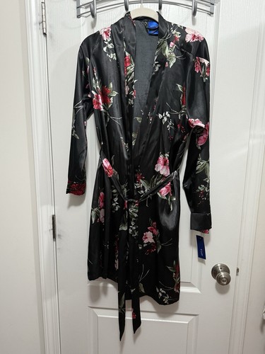 Apt 9 Intimates Womens L Silky Black Red Floral Pajama Kimono Robe Dark Romantic