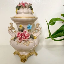 Superb Vtg Capodimonte Urn Vase Double Handles & Lid Roses N Crown Mark Italy
