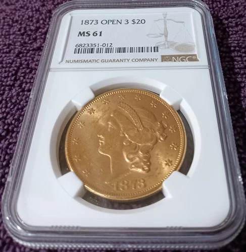1873 (Open 3) Liberty $20 gold Double Eagle, NGC MS-61