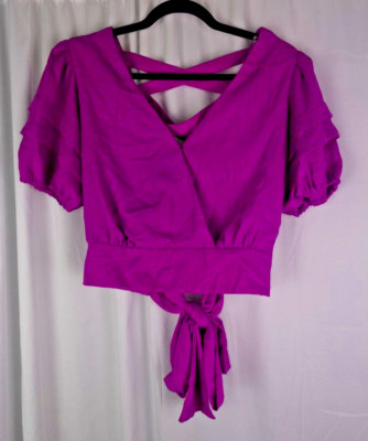 DO+BE Fuchsia Puff Sleeve Wrap Crop Top L Tie Waist Y2K Party Rave Festival