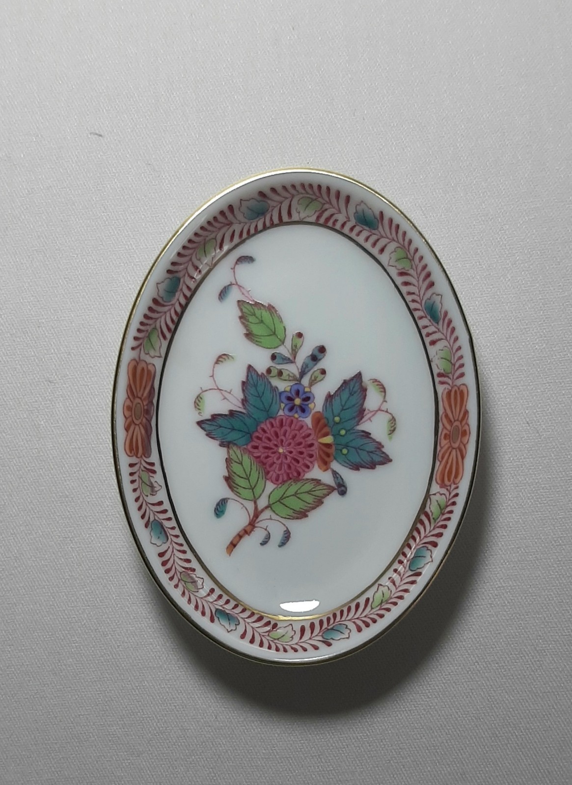 Herend Hungary Small Multicolor Flower Trinket Pin Dish  3” x 2-1/2” x 1/2” 